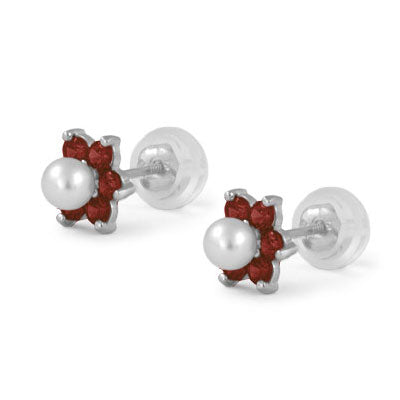 14K White Gold Simulated Birthstone And Pearl Flower Stud Earrings For Girls