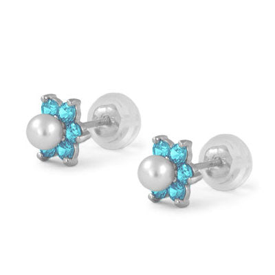 14K White Gold Simulated Birthstone And Pearl Flower Stud Earrings For Girls 1
