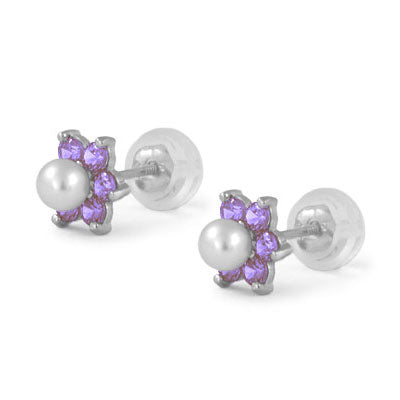 14K White Gold Simulated Birthstone And Pearl Flower Stud Earrings For Girls