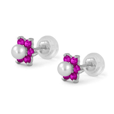 14K White Gold Simulated Birthstone And Pearl Flower Stud Earrings For Girls