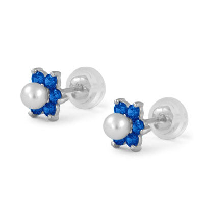 14K White Gold Simulated Birthstone And Pearl Flower Stud Earrings For Girls