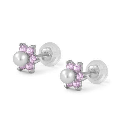 14K White Gold Simulated Birthstone And Pearl Flower Stud Earrings For Girls