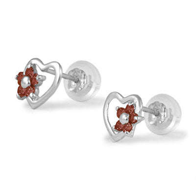 14K White Gold Heart Simulated Birthstone Flower Stud Earrings For Girls Of All Ages