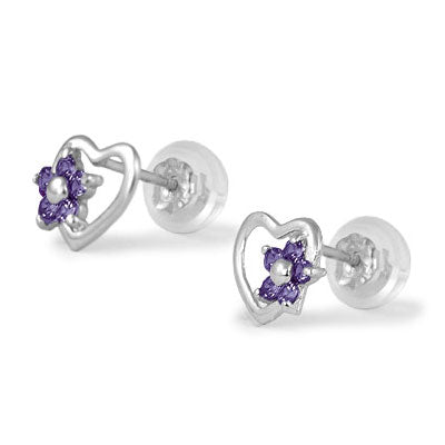 14K White Gold Heart Simulated Birthstone Flower Stud Earrings For Girls Of All Ages 1