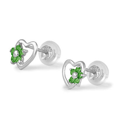 14K White Gold Heart Simulated Birthstone Flower Stud Earrings For Girls Of All Ages