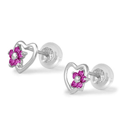 14K White Gold Heart Simulated Birthstone Flower Stud Earrings For Girls Of All Ages
