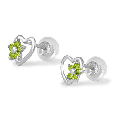 14K White Gold Heart Simulated Birthstone Flower Stud Earrings For Girls Of All Ages