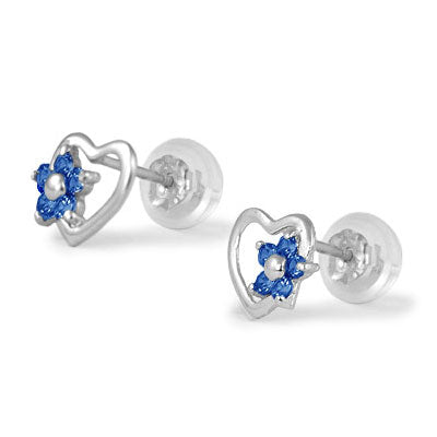 14K White Gold Heart Simulated Birthstone Flower Stud Earrings For Girls Of All Ages