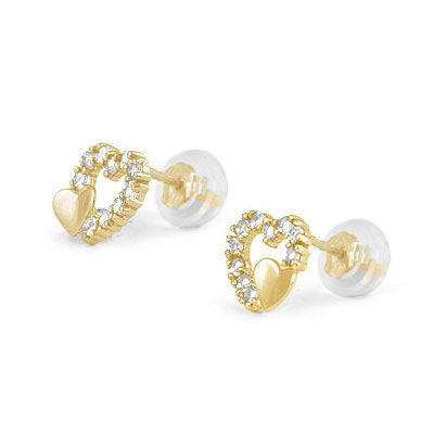 14K Yellow Gold Birthstone Double Hearts Girls Stud Earrings 1