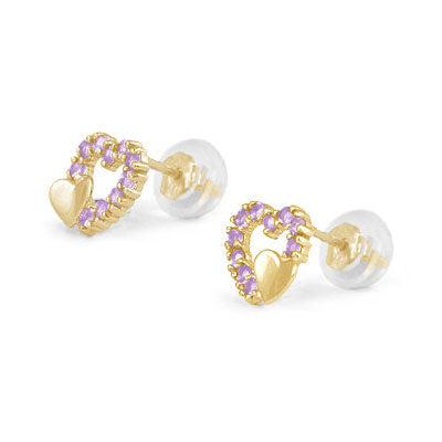 14K Yellow Gold Birthstone Double Hearts Girls Stud Earrings