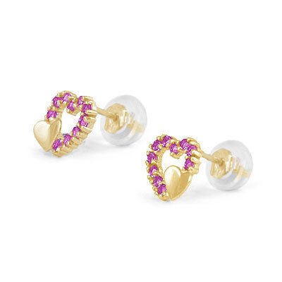 14K Yellow Gold Birthstone Double Hearts Girls Stud Earrings