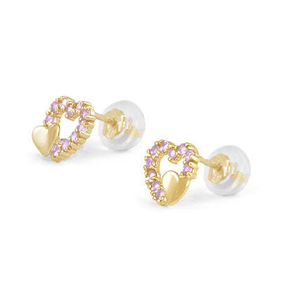 14K Yellow Gold Birthstone Double Hearts Girls Stud Earrings