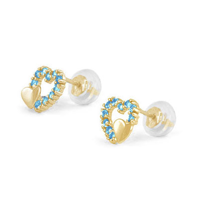 14K Yellow Gold Birthstone Double Hearts Girls Stud Earrings