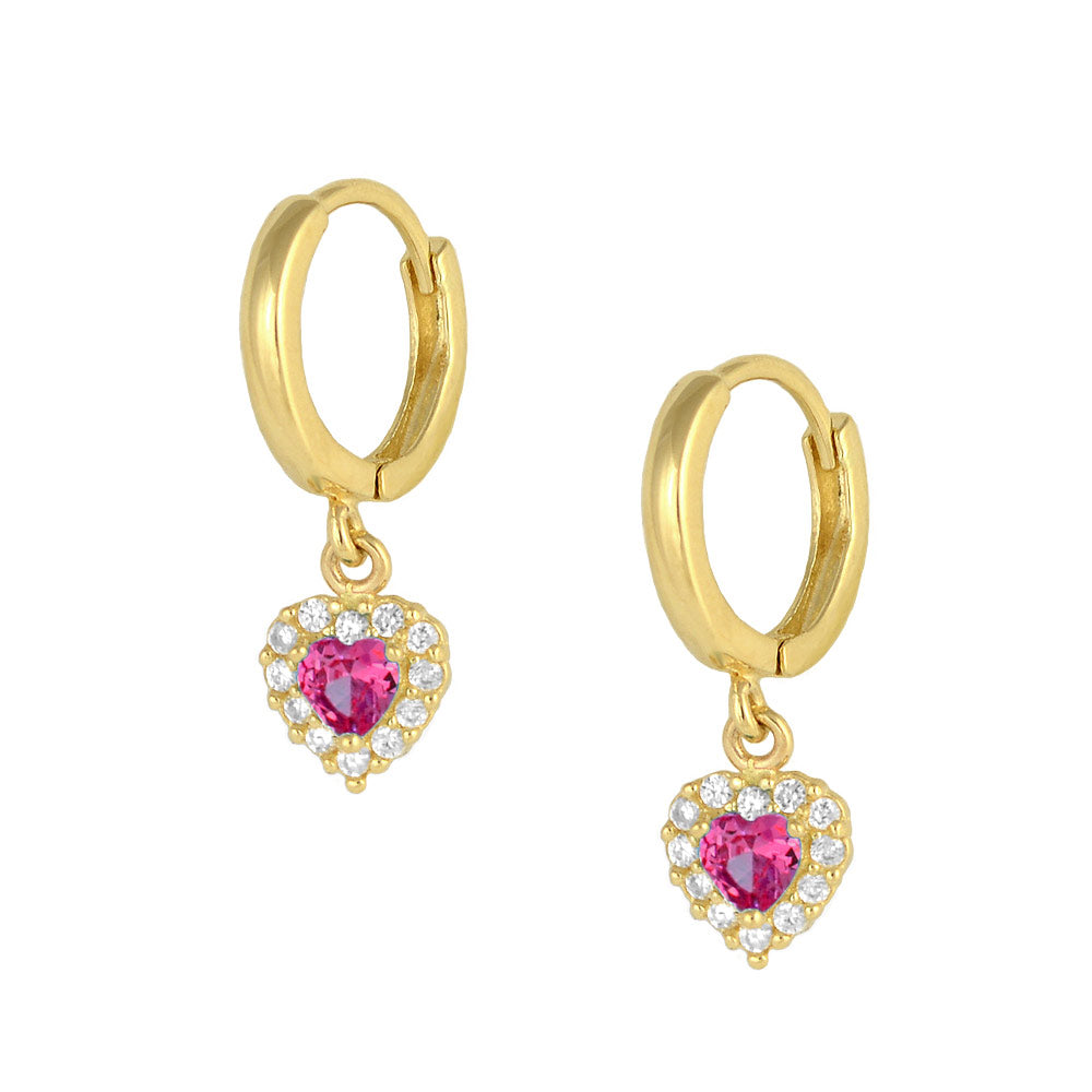 Girls 14K Yellow Gold Birthstone Dangling Heart Huggie Earrings