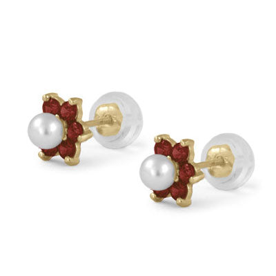 14K Yellow Gold Simulated Birthstone And Pearl Flower Stud Earrings For Girls