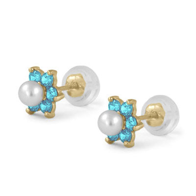 14K Yellow Gold Simulated Birthstone And Pearl Flower Stud Earrings For Girls 1