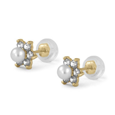 14K Yellow Gold Simulated Birthstone And Pearl Flower Stud Earrings For Girls