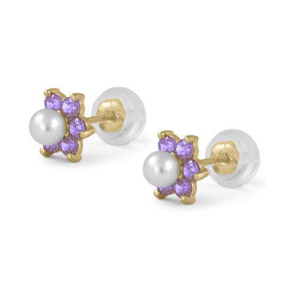 14K Yellow Gold Simulated Birthstone And Pearl Flower Stud Earrings For Girls
