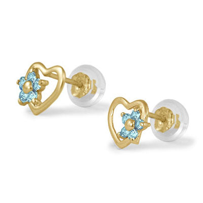 14K Yellow Gold Heart Simulated Birthstone Flower Stud Earrings For Girls Of All Ages