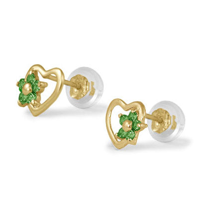 14K Yellow Gold Heart Simulated Birthstone Flower Stud Earrings For Girls Of All Ages