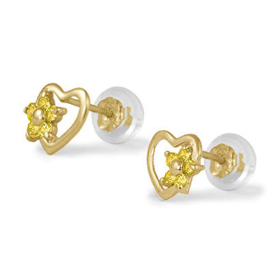 14K Yellow Gold Heart Simulated Birthstone Flower Stud Earrings For Girls Of All Ages