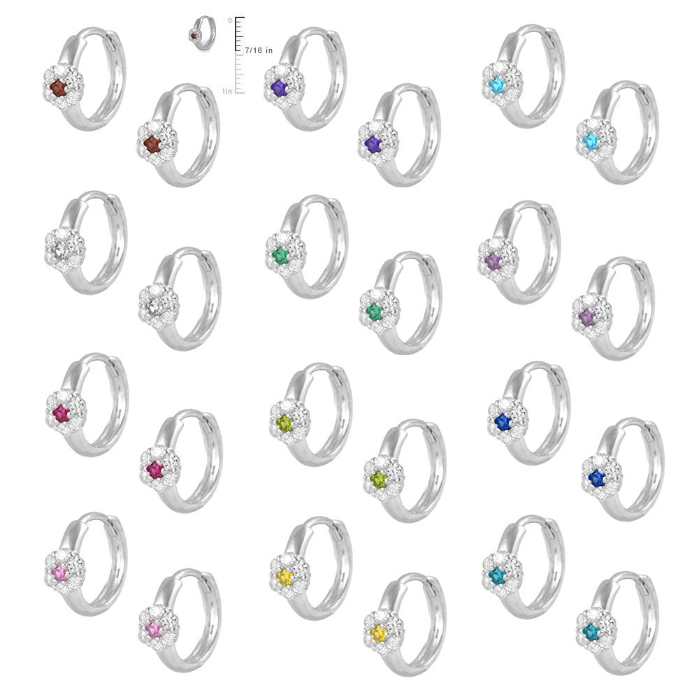 Girl's Sterling Silver Flower CZ Birthstone Huggie Hoop Earrings 2