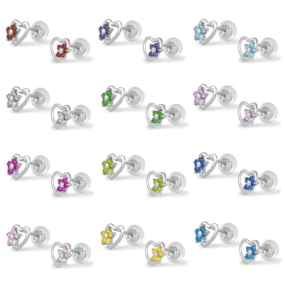 14K White Gold Heart Simulated Birthstone Flower Stud Earrings For Girls Of All Ages 2