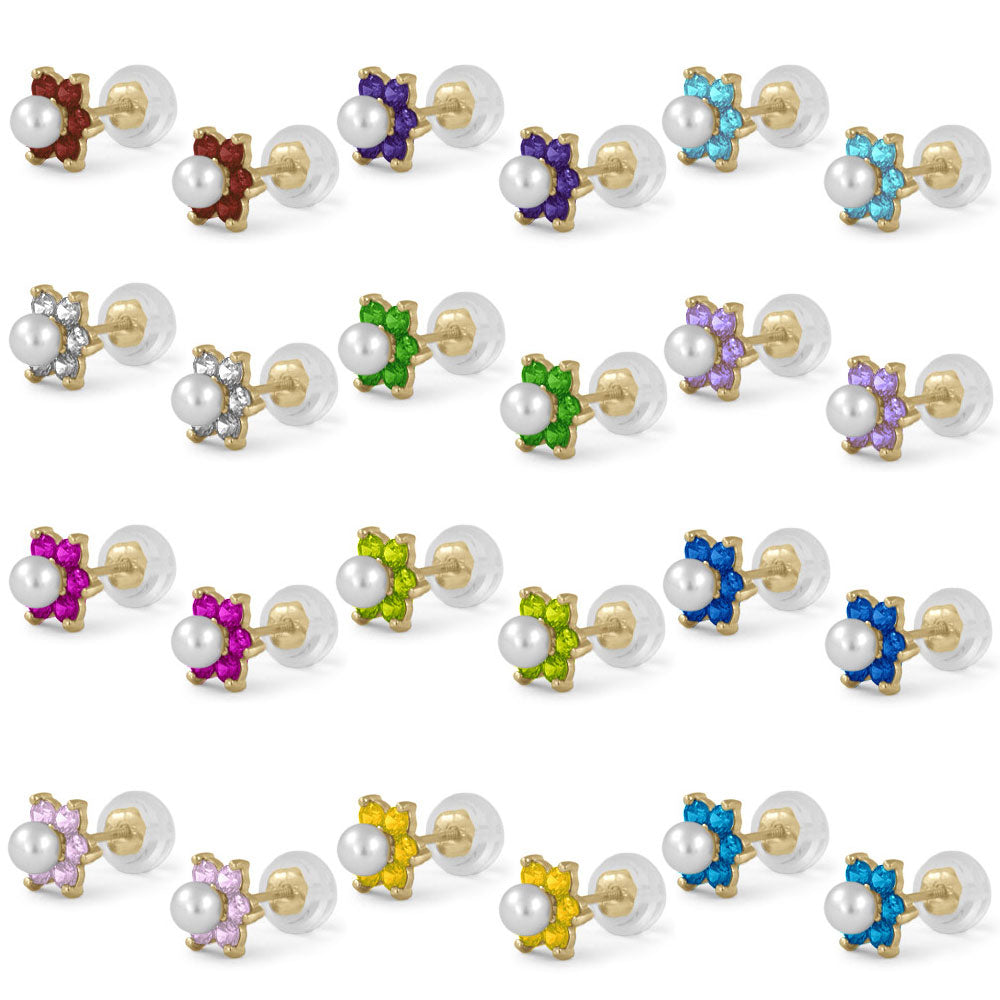 14K Yellow Gold Simulated Birthstone And Pearl Flower Stud Earrings For Girls 2