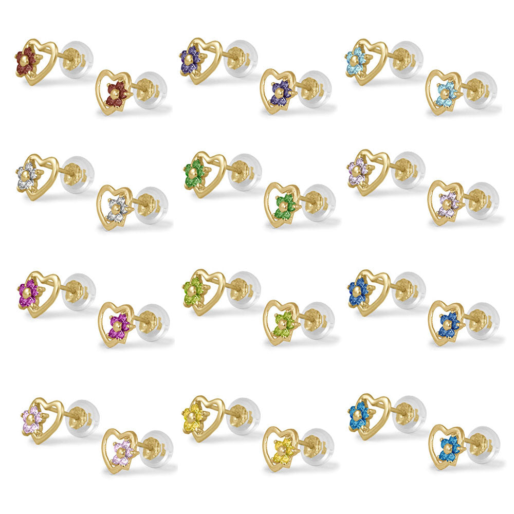 14K Yellow Gold Heart Simulated Birthstone Flower Stud Earrings For Girls Of All Ages 2