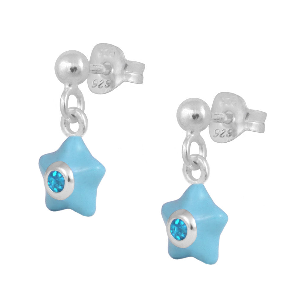 Sterling Silver Girl's Birthstone Enamel Dangling Star Earrings