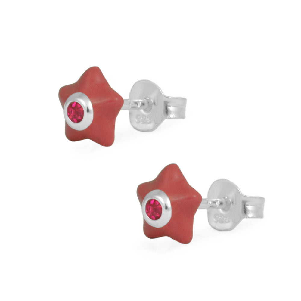 Sterling Silver Girls Simulated Birthstone Enameled Star Stud Earrings