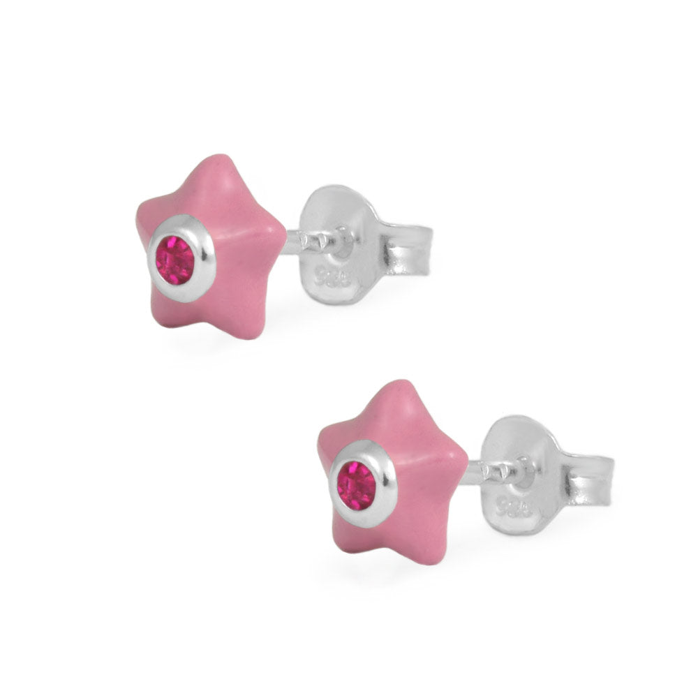 Sterling Silver Girls Simulated Birthstone Enameled Star Stud Earrings