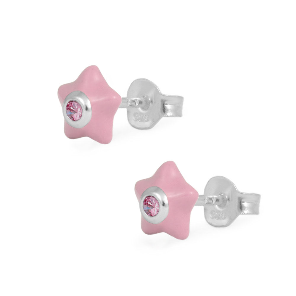 Sterling Silver Girls Simulated Birthstone Enameled Star Stud Earrings