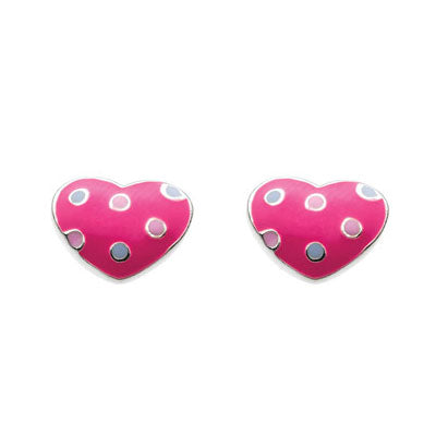 Girl Jewelry - Sterling Silver Fuschia And Polka Dot Heart Earring Studs 1