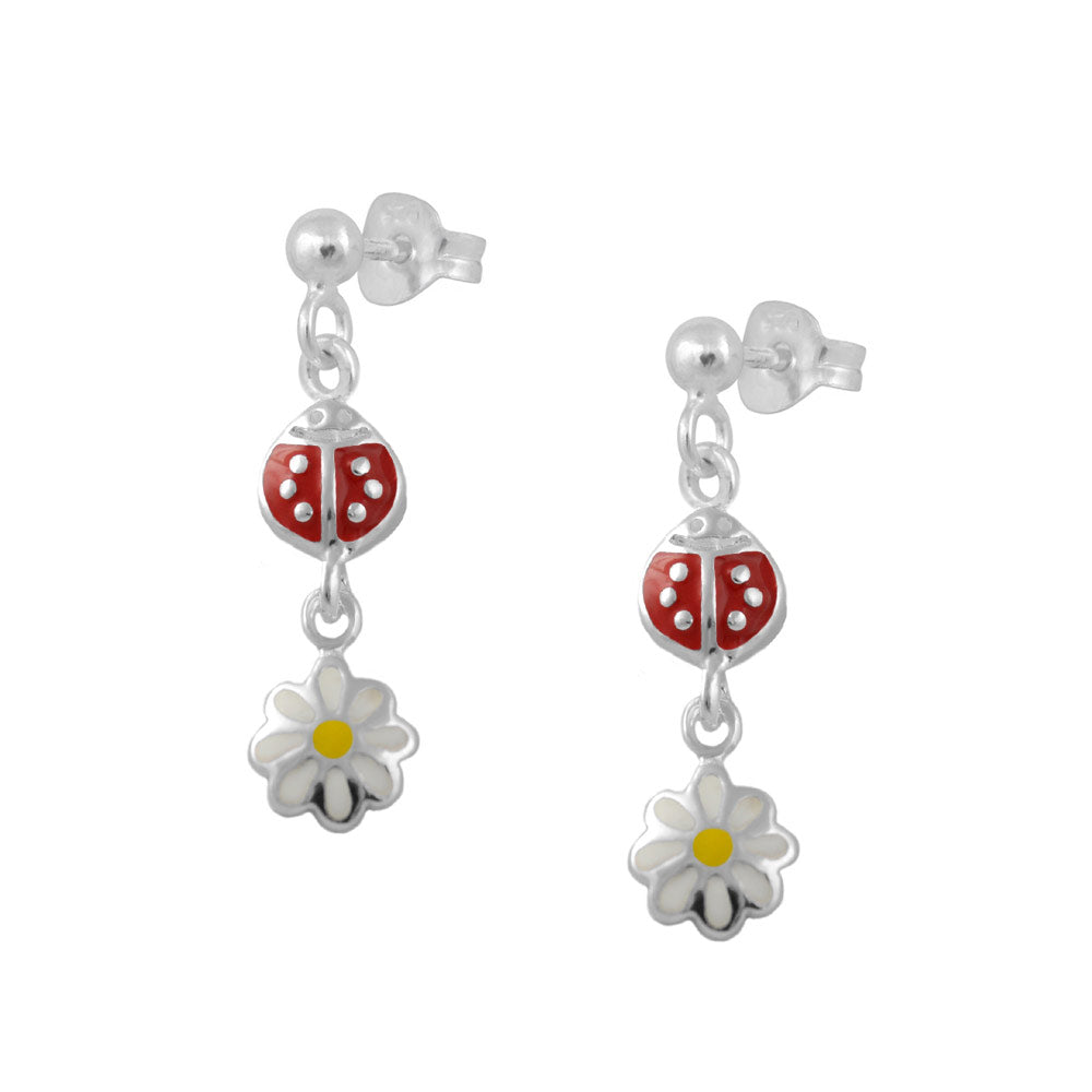 Sterling Silver Ladybug And Daisy Flower Dangling Earrings For Girls 1