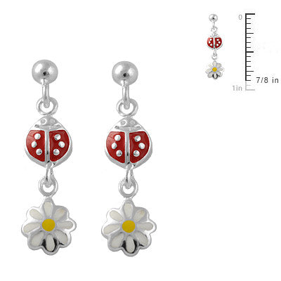 Sterling Silver Ladybug And Daisy Flower Dangling Earrings For Girls 2