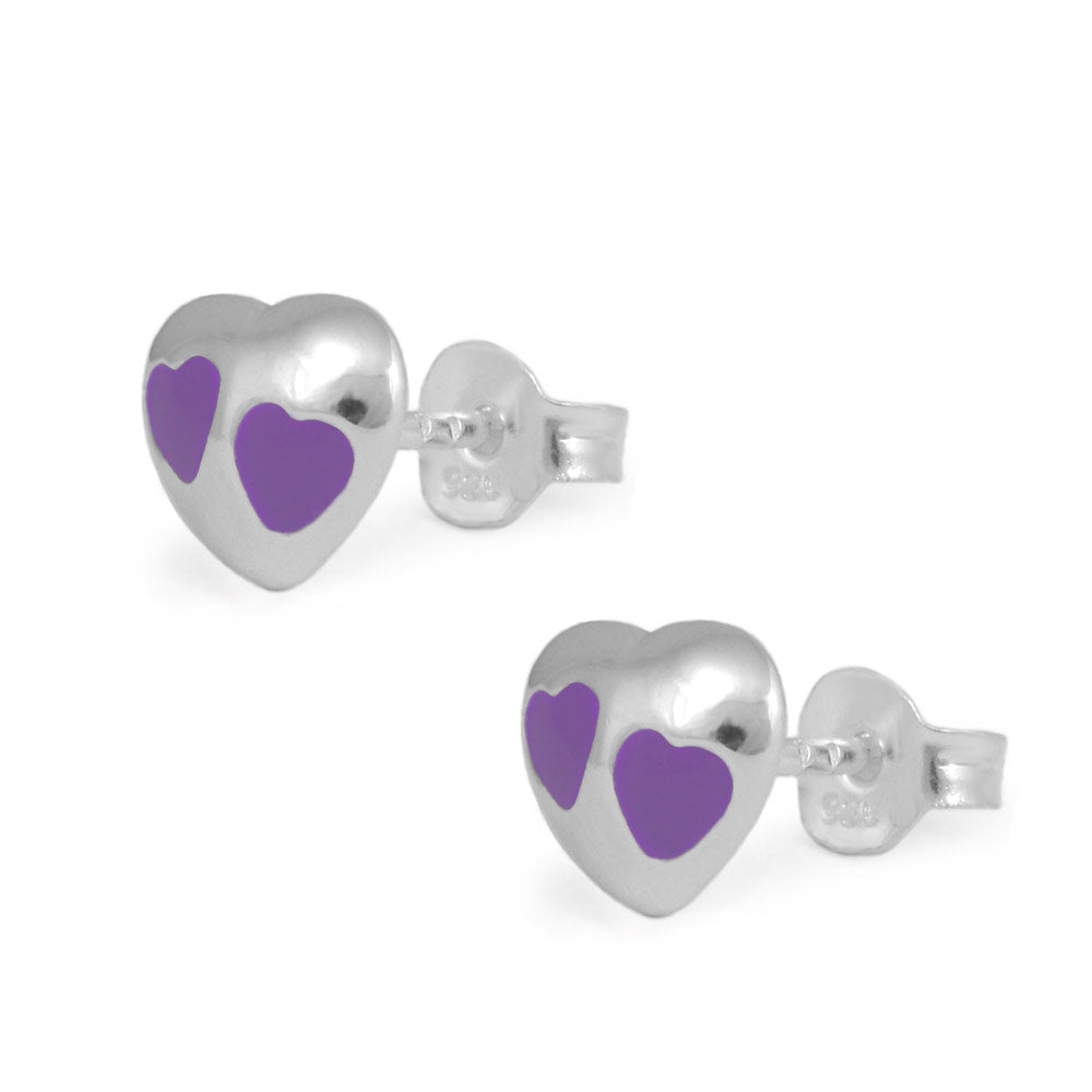 Girl's Sterling Silver Red/Purple/Pink Enameled Heart Stud Earrings