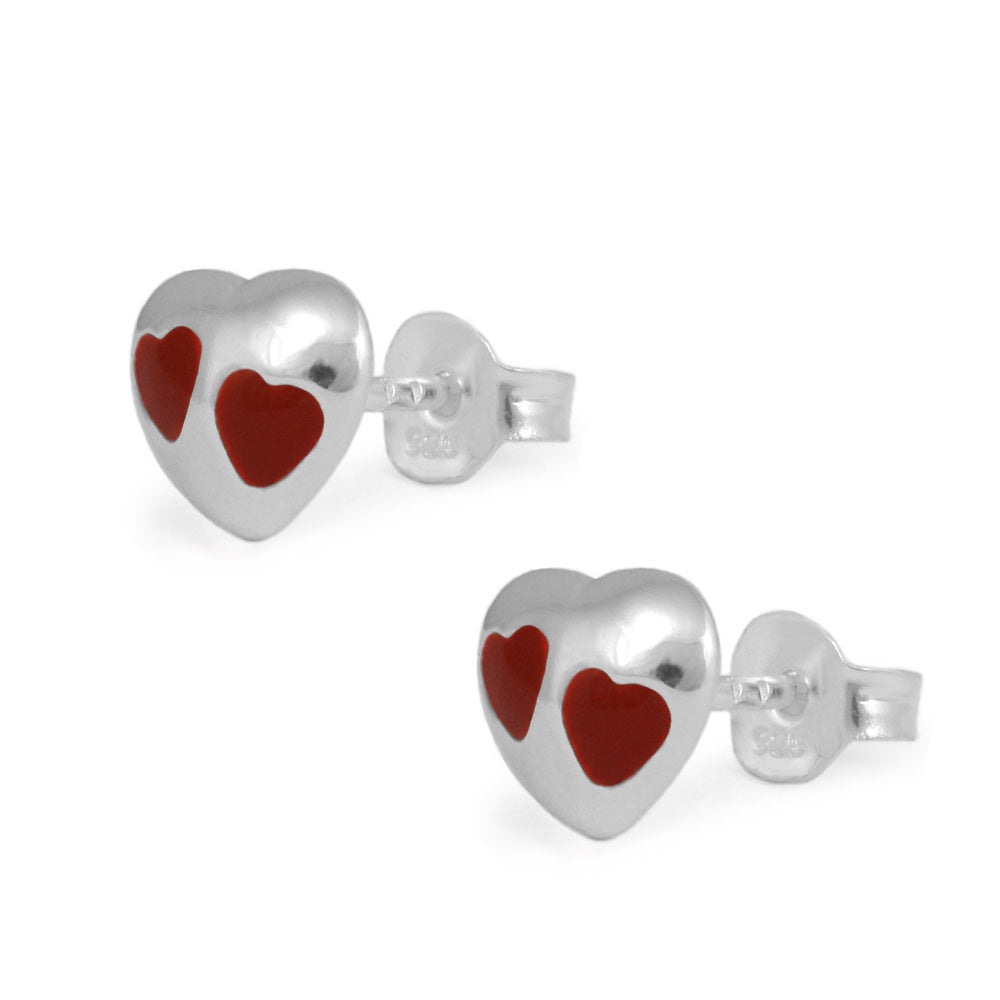 Girl's Sterling Silver Red/Purple/Pink Enameled Heart Stud Earrings 1