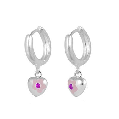 Sterling Silver Simulated Birthstone Flower Heart Hoop Girls Earrings