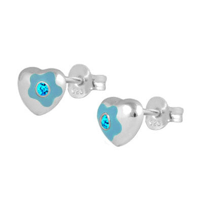 Sterling Silver Simulated Birthstone Flower Enamel Heart Girls Stud Earrings