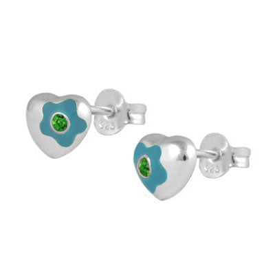 Sterling Silver Simulated Birthstone Flower Enamel Heart Girls Stud Earrings