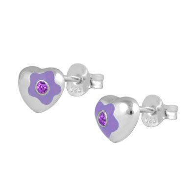 Sterling Silver Simulated Birthstone Flower Enamel Heart Girls Stud Earrings