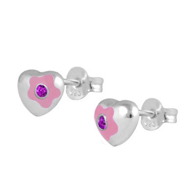 Sterling Silver Simulated Birthstone Flower Enamel Heart Girls Stud Earrings