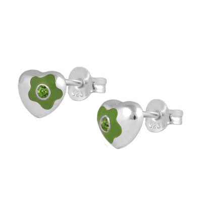 Sterling Silver Simulated Birthstone Flower Enamel Heart Girls Stud Earrings