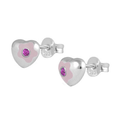 Sterling Silver Simulated Birthstone Flower Enamel Heart Girls Stud Earrings