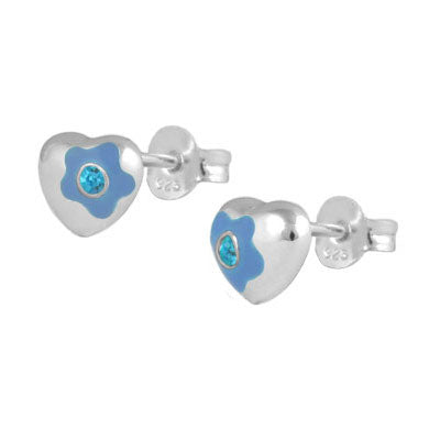 Sterling Silver Simulated Birthstone Flower Enamel Heart Girls Stud Earrings