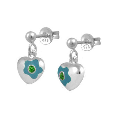 Sterling Silver Simulated Birthstone Flower Heart Dangling Girls Earrings