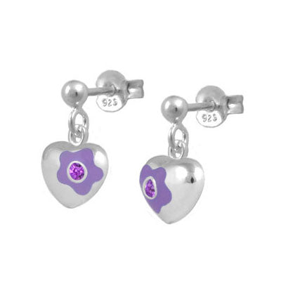 Sterling Silver Simulated Birthstone Flower Heart Dangling Girls Earrings
