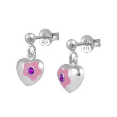 Sterling Silver Simulated Birthstone Flower Heart Dangling Girls Earrings 1