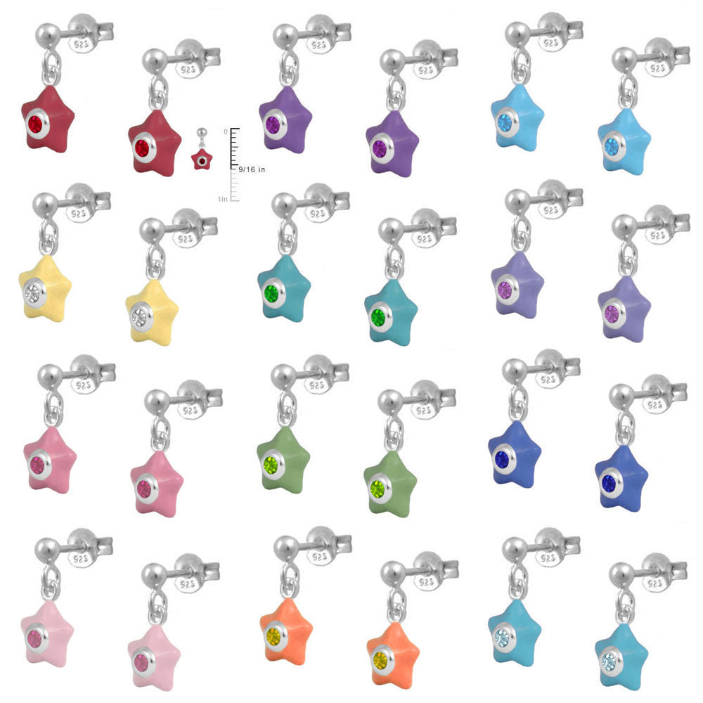 Sterling Silver Girl's Birthstone Enamel Dangling Star Earrings 2